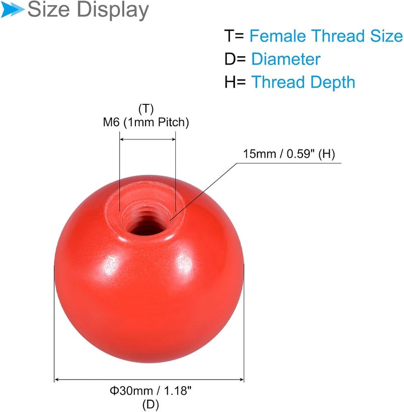 CoCud Thermoset Ball Knobs, M10 Female Thread 40mm Diameter, Plastic Metric Hand Screw Grip Red - (Applications: for Lathe Machinery Lever Handle), 2-Pieces - Image 2